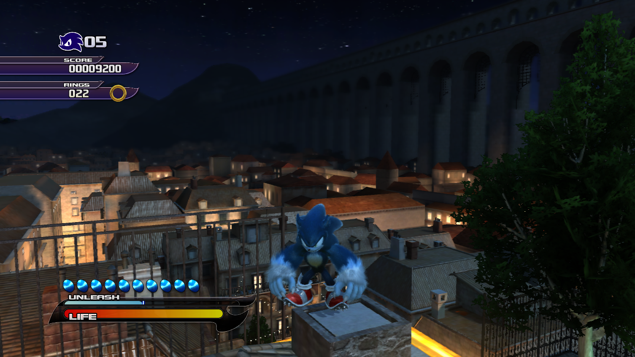 Screengrab from a night stage of Sonic Unleashed.